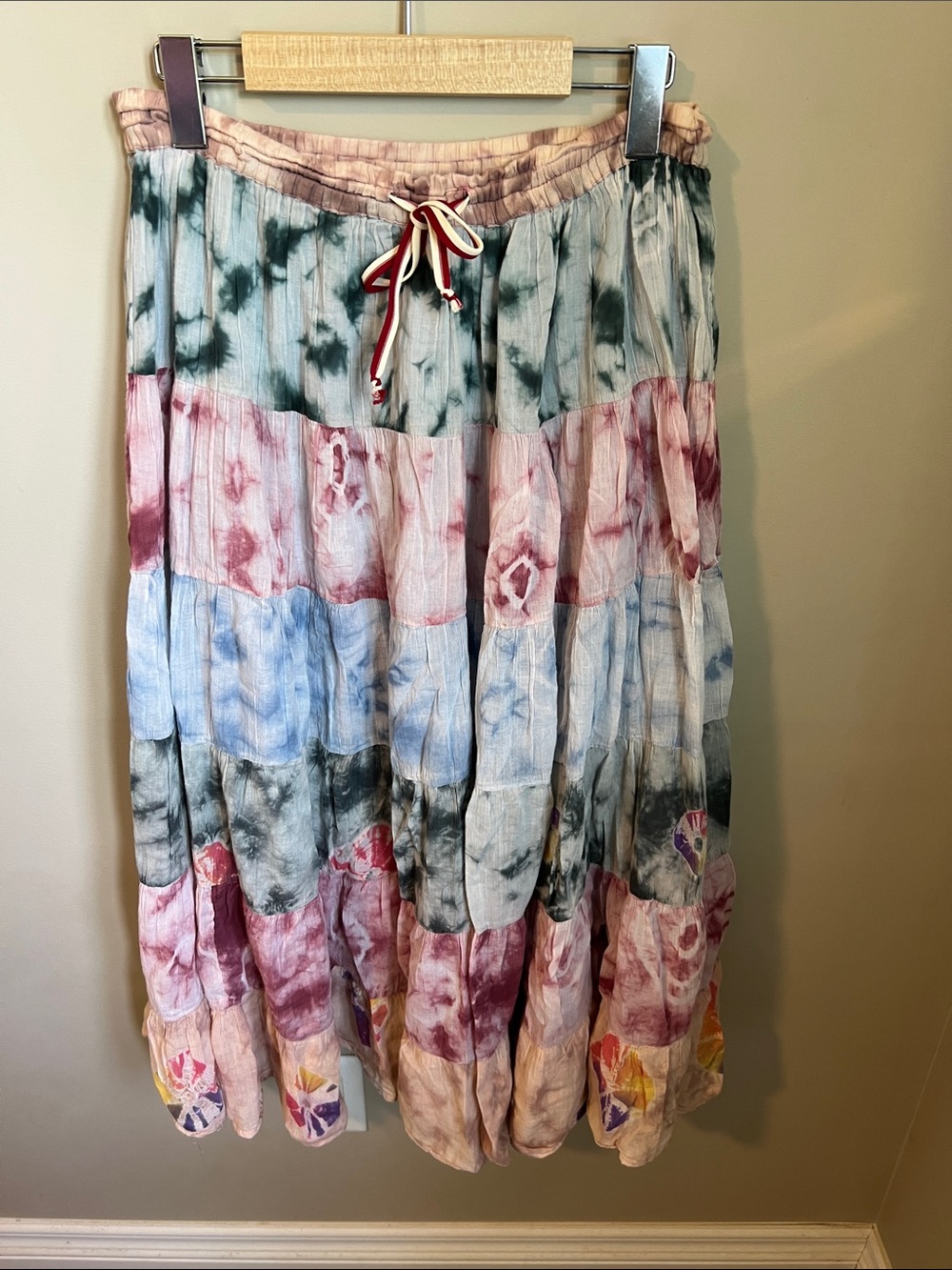 Tiered Tie-Dye Maxi Skirt Pastel Colors Elastic Waist Bohemian Maxi Skirt